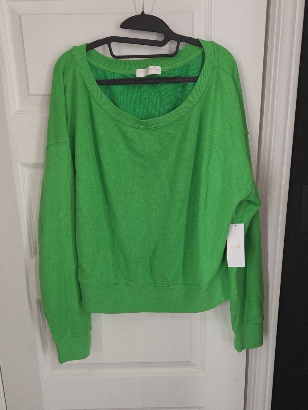 Spiritual Gangster Bright Green Off Shouldwe Scoop Neck Sweatshirt